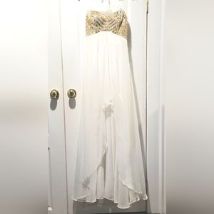 Full Length, Formal, Dress. White Chiffon and Gold Beading